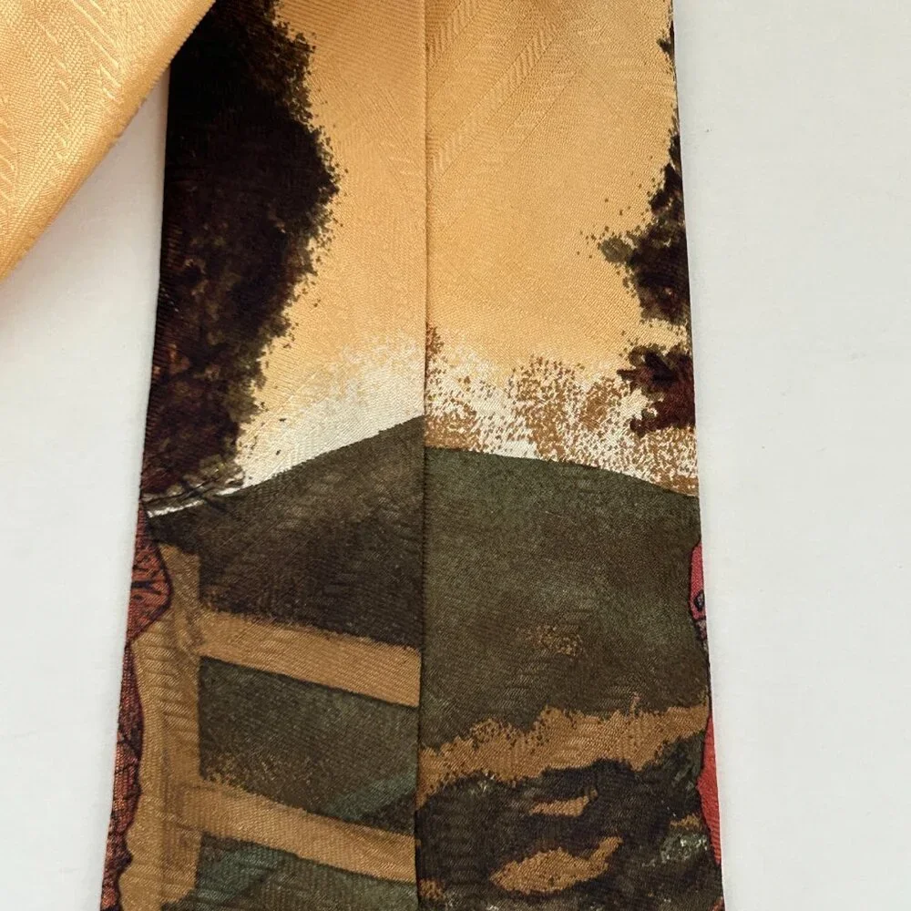 Polo By Ralph Lauren Golf Scene Neck Tie Gold Multicolor Silk Hand Made USA VTG